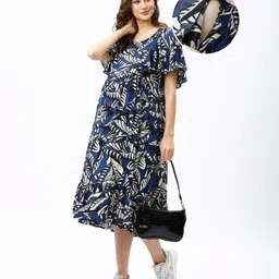 Bella Mama Woven  Half Frill Sleeves Floral Leafy Maternity Dress - Blue-picture-37