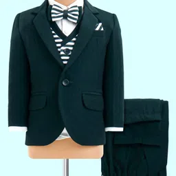 Robo Fry Lycra Knit Full Sleeves Solid & Striped 4 Piece Party Suit with Bow - Dark Green-image-45