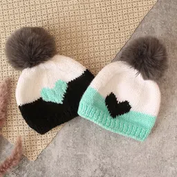 Woonie Pack Of 2 Handknitted Heart Detailed Colour Blocked Caps - White-picture-11