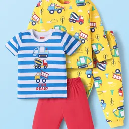 Babyhug Cotton Knit Half & Full Sleeves Night Suits with Vehicle Print & Stripes - Yellow White & Red-picture-18