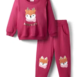 Babyhug Terry Knit Full Sleeves Top & Lounge Pant Set With Animal Patch - Maroon-picture-30