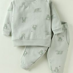 Zero Fleece Knit Full Sleeves Bear Printed Winter Co-Ord Night Suit - Sea Green-picture-28
