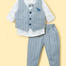 Mini Taurus Sinker Knit Full Sleeves Three Piece Party Suit With Stripes & Horse Embroidery - Light Grey-picture-15