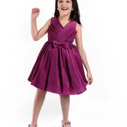 Babyhug Woven Sleeveless Solid Colour Party Dress With Bow Applique - Wine image 2