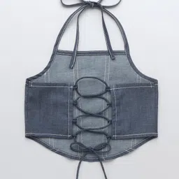 Taffykids Denim Sleeveless Mild Washed & Thread Work Detailed Crop Top - Navy Blue image 3