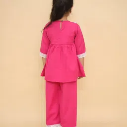 Little Ginnie Cotton Woven Three Fourth Sleeves Floral Embroidered Lace Detailed Kurta Pant Set - Pink image 3