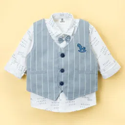 Mini Taurus Sinker Knit Full Sleeves Three Piece Party Suit With Stripes & Horse Embroidery - Light Grey image 2