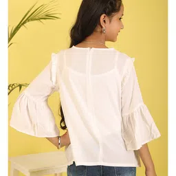 ISHTI Rayon Woven Three Fourth Bell Sleeves Abstract Embroidered Top - White image 3