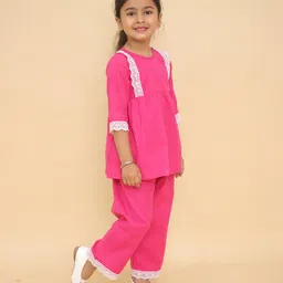 Little Ginnie Cotton Woven Three Fourth Sleeves Floral Embroidered Lace Detailed Kurta Pant Set - Pink image 4