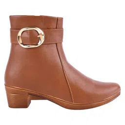 Shoetopia Buckle Applique Detailed Zipper Closure Boots - Tan image 4