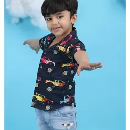 Polka Tots Half Sleeves Vehicles Printed Shirt - Black image 5