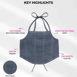 Taffykids Denim Sleeveless Mild Washed & Thread Work Detailed Crop Top - Navy Blue image 5