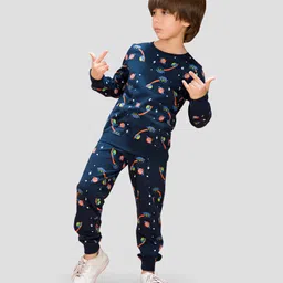 TRESNOVA Cotton Knit Full Sleeves Space Theme Printed Coordinating Antimicrobial Tee & Joggers Set - Navy Blue image 5