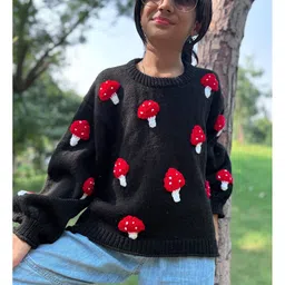 Woonie Handknitted Full Sleeves Mushroom Applique Detailed Sweater - Black image 5