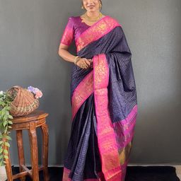 LeeliPeeri Designer Checked Woven Design Zari Cotton Blend Saree-picture-3