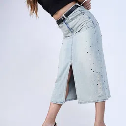 SHOWOFFFF Washed Denim Midi A-Line Skirts-picture-11