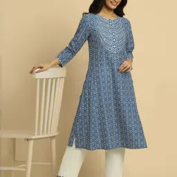 W Blue Cotton Printed A Line Kurta image 3
