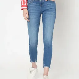Vero Moda Blue Cotton Distressed High Rise Jeans-picture-26