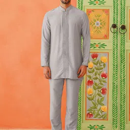 TheEthnic.Co Self Design Mandarin Collar Neck Sherwani Set image 3