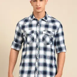 Cavallo By Linen Club Navy Slim Fit Checks Shirt-image-36