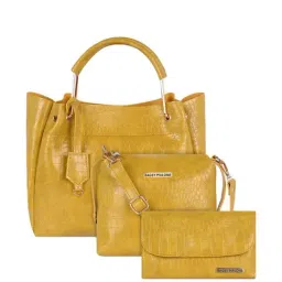Bagsy Malone Yellow Textured Medium Tote Handbag with Sling & Wallet-image-92