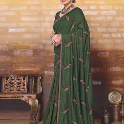 Satrani Olive Green Silk Embroidered Saree With Unstitched Blouse image 3