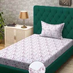 Klotthe White & Pink 300 TC Polycotton Single Elastic Bedsheet with Pillow Cover-image-6