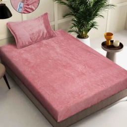 Klotthe Pink 300 TC Wool Single Elastic Bedsheet with Pillow Cover-picture-37