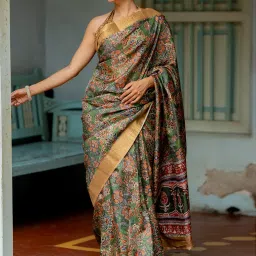 Mirchi Fashion Green Silk Blend Floral Printed Saree For Women image 3