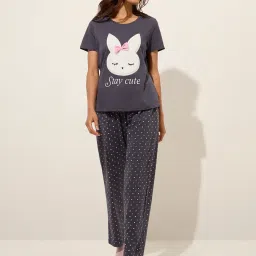 Wunderlove by Westside Charcoal Printed Cotton Pyjamas Set In A Bag image 3