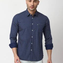 Basics Navy Cotton Slim Fit Printed Shirt-picture-6