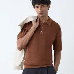 Ascot by Westside Brown Textured Relaxed-Fit Cotton-Blend Polo T-Shirt-image-40