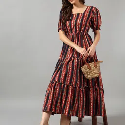 Krunal Raiyani Striped Puff Sleeves Ruffles Tiered Crepe Fit & Flare Maxi Dress-image-35