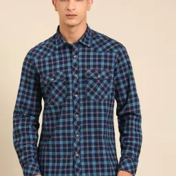 Cavallo By Linen Club Navy Slim Fit Checks Shirt-image-96