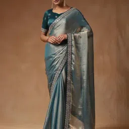Saree Mall Teal blue Chiffon Embellished Saree with Blouse Piece-image-60