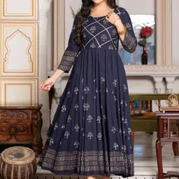 Indi Inside Blue Rayon Block Print Anarkali Kurta-image-31