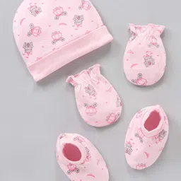 Babyhug 100% Cotton Cap Mittens & Booties Castle Print Pink - Diameter 8.5 cm-image-33