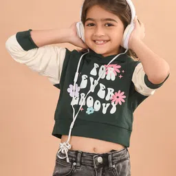 Lilpicks Couture Full Sleeves For Ever Groovy Text Printed Colour Blocked Hooded Crop Sweatshirt - Green-picture-26