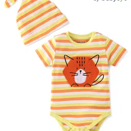 Babyoye  100% Cotton with Eco Jiva Finish Half Sleeves  Onesie & Cap Striped with Cat Patch - Multicolour-picture-15