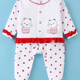 Child World Interlock Knit Full Sleeves Polka Dot Printed Footed Sleep Suit with Kitty  Embroidery & Frill Detailing - Red & White-picture-17