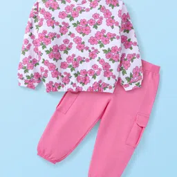 Babyhug Cotton Knit Full Sleeves Floral Printed Top & Lounge Pants Set - Pink & White-picture-26