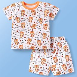 Doodle Poodle Single Jersey KnitHalf Sleeves Shorts Co-ord Night Suit With Roar & Animal Print - White-picture-18