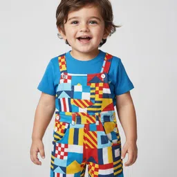 Babyhug Single Jersey Knit Printed Dungaree & Half Sleeves T-Shirt - Blue-picture-25