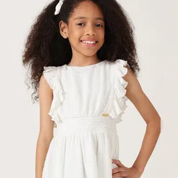 One Friday Viscose Sleeveless Frill & Smock Detailed Solid Top - Off White image 1