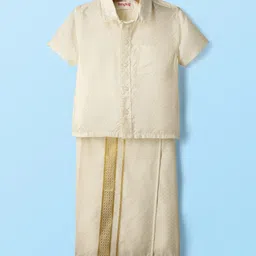 Babyhug Woven Half Sleeves Solid Shirt & Mundu Set - Offwhite-picture-20