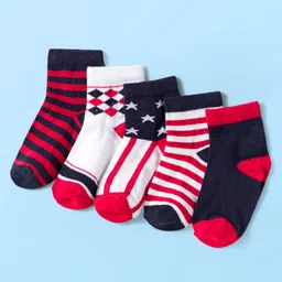 Cute Walk by Babyhug Knit Ankle Length Anti Bacterial Socks with Stripes & Star Design Pack of 5 - Red & Navy Blue-picture-32