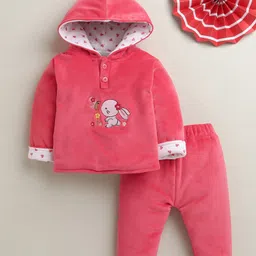 BUMZEE Cotton Blend Knit Full Sleeves Rabbit Embroidery Winter Set - Coral-picture-14