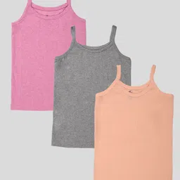 Kiddopanti Cotton Knit Pack Of 3 Sleeveless Solid Camisoles - Peach Pink Melange & Grey Melange-picture-38