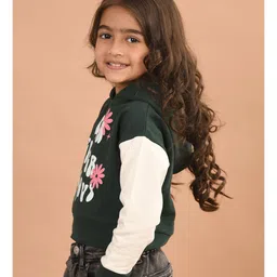 Lilpicks Couture Full Sleeves For Ever Groovy Text Printed Colour Blocked Hooded Crop Sweatshirt - Green image 4