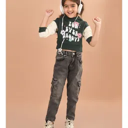 Lilpicks Couture Full Sleeves For Ever Groovy Text Printed Colour Blocked Hooded Crop Sweatshirt - Green image 5